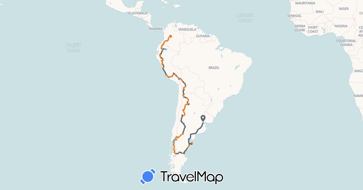 TravelMap itinerary: driving, camionette ou bus, à pied, vélos, bateau, avion in Argentina, Bolivia, Chile, Colombia, Ecuador, Peru (South America)